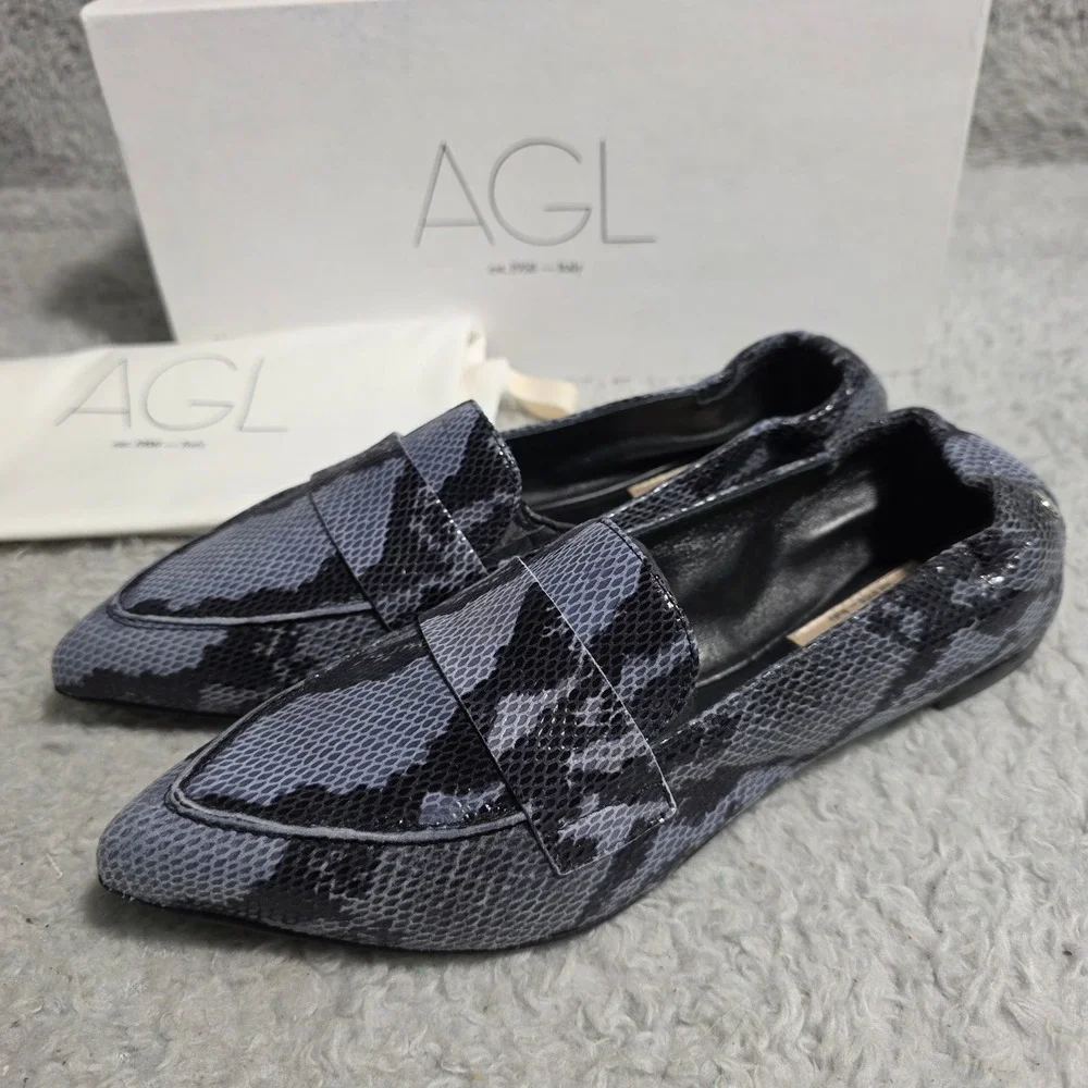 AGL Softy Moc Blue Black Snakeskin Leather Pointed Toe Loafer Flats 35.5 5.5 NEW